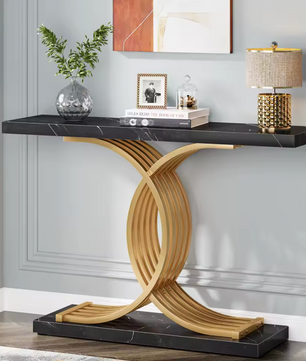 Gouden consoletafel met marmerlook blad en metalen frame