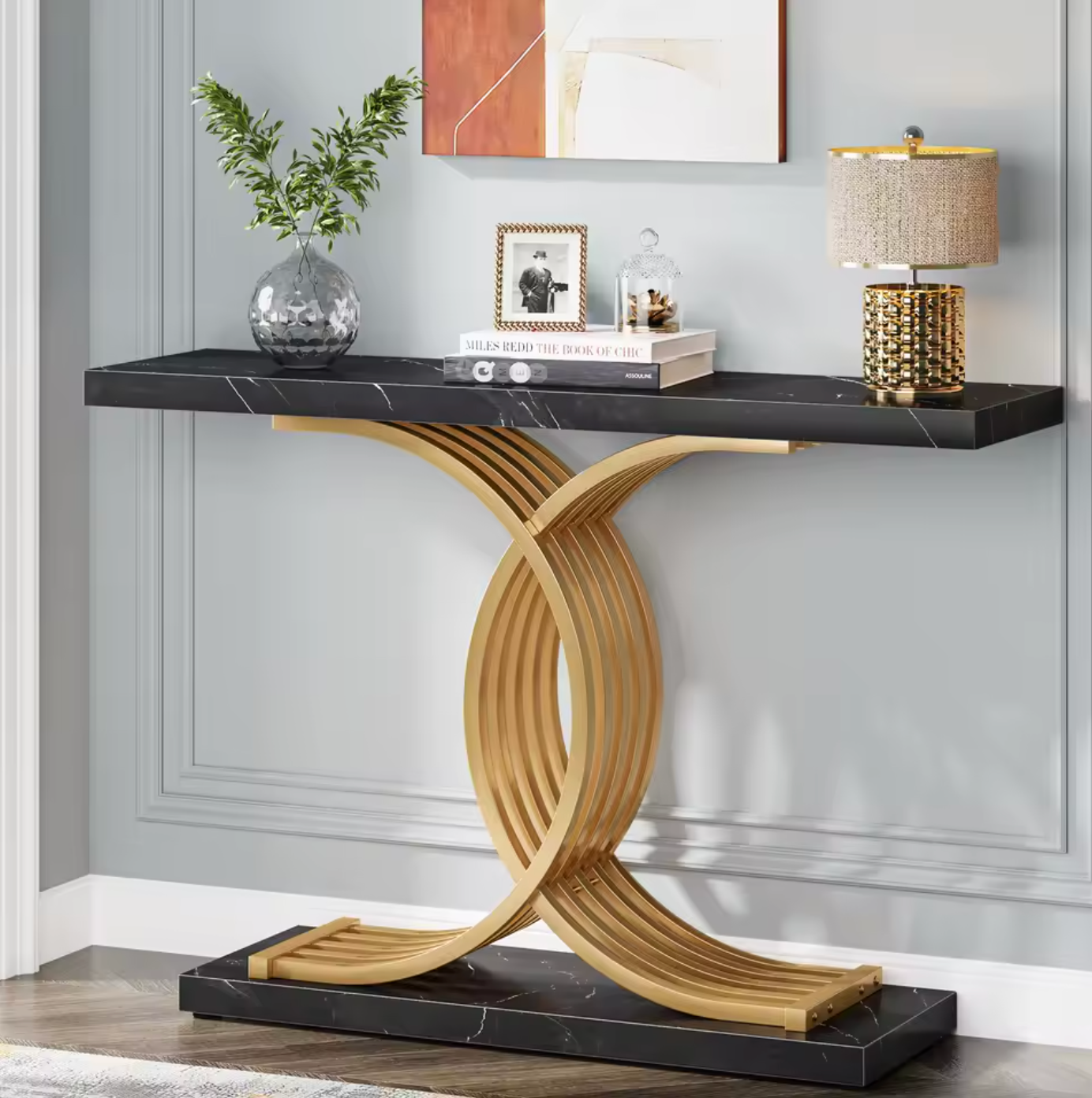 Gouden consoletafel met marmerlook blad en metalen frame