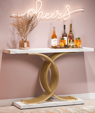 Gouden consoletafel met marmerlook blad en metalen frame