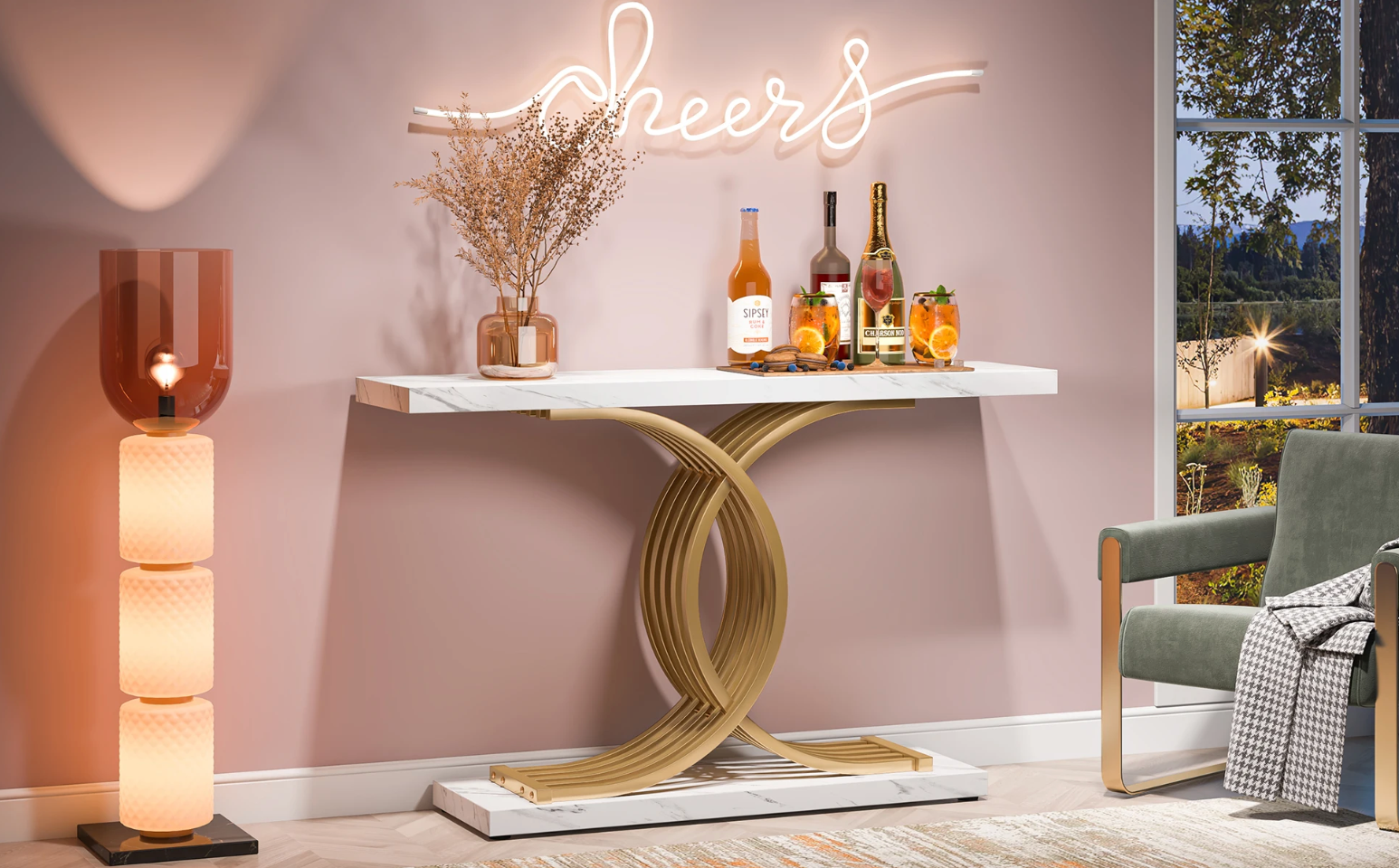 Gouden consoletafel met marmerlook blad en metalen frame