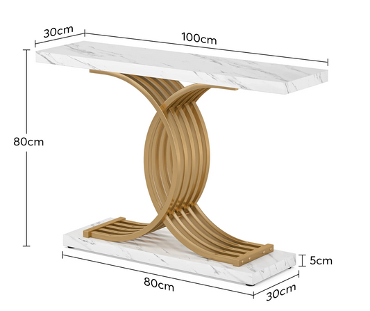 Gouden consoletafel met marmerlook blad en metalen frame