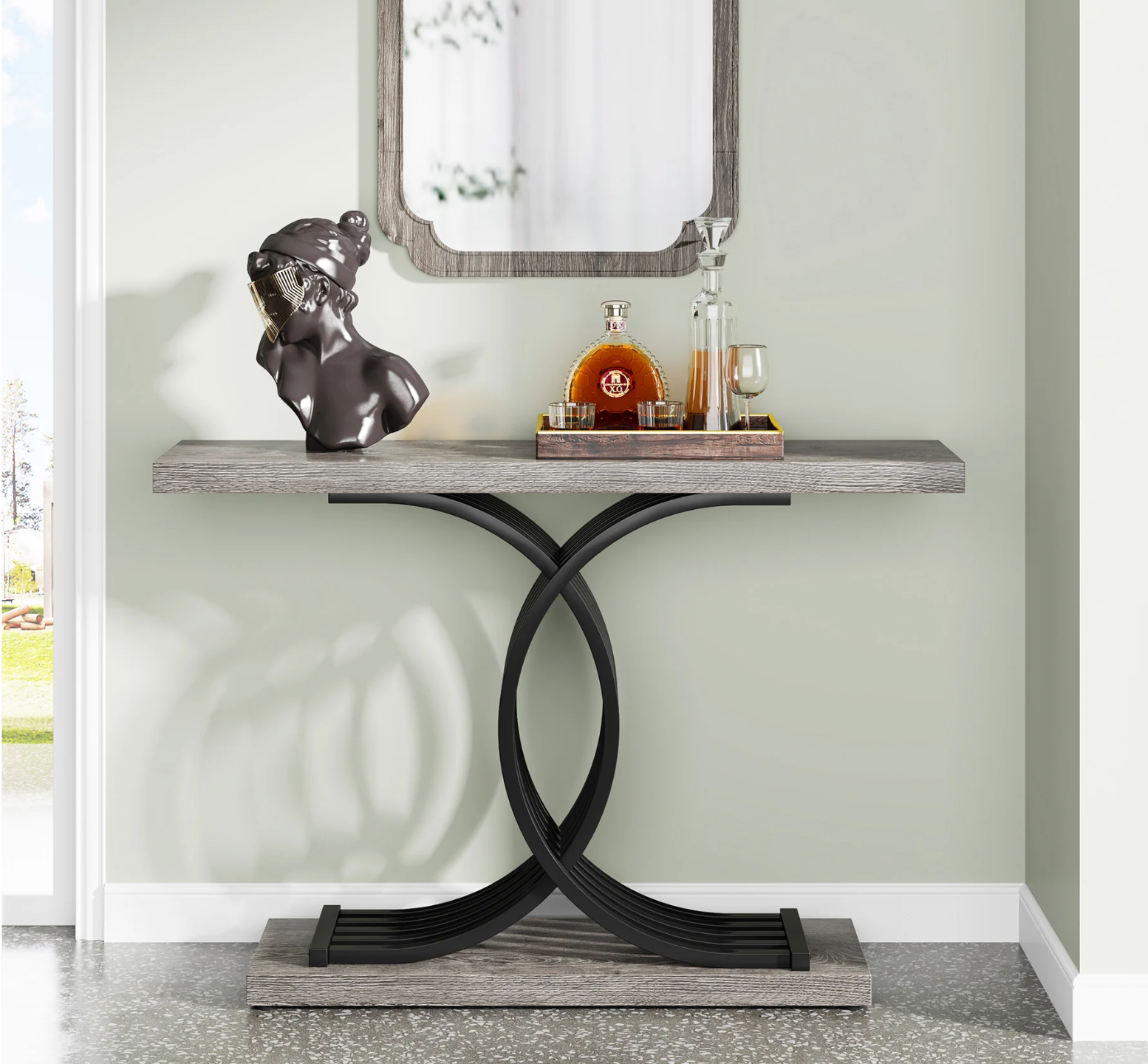 Gouden consoletafel met marmerlook blad en metalen frame