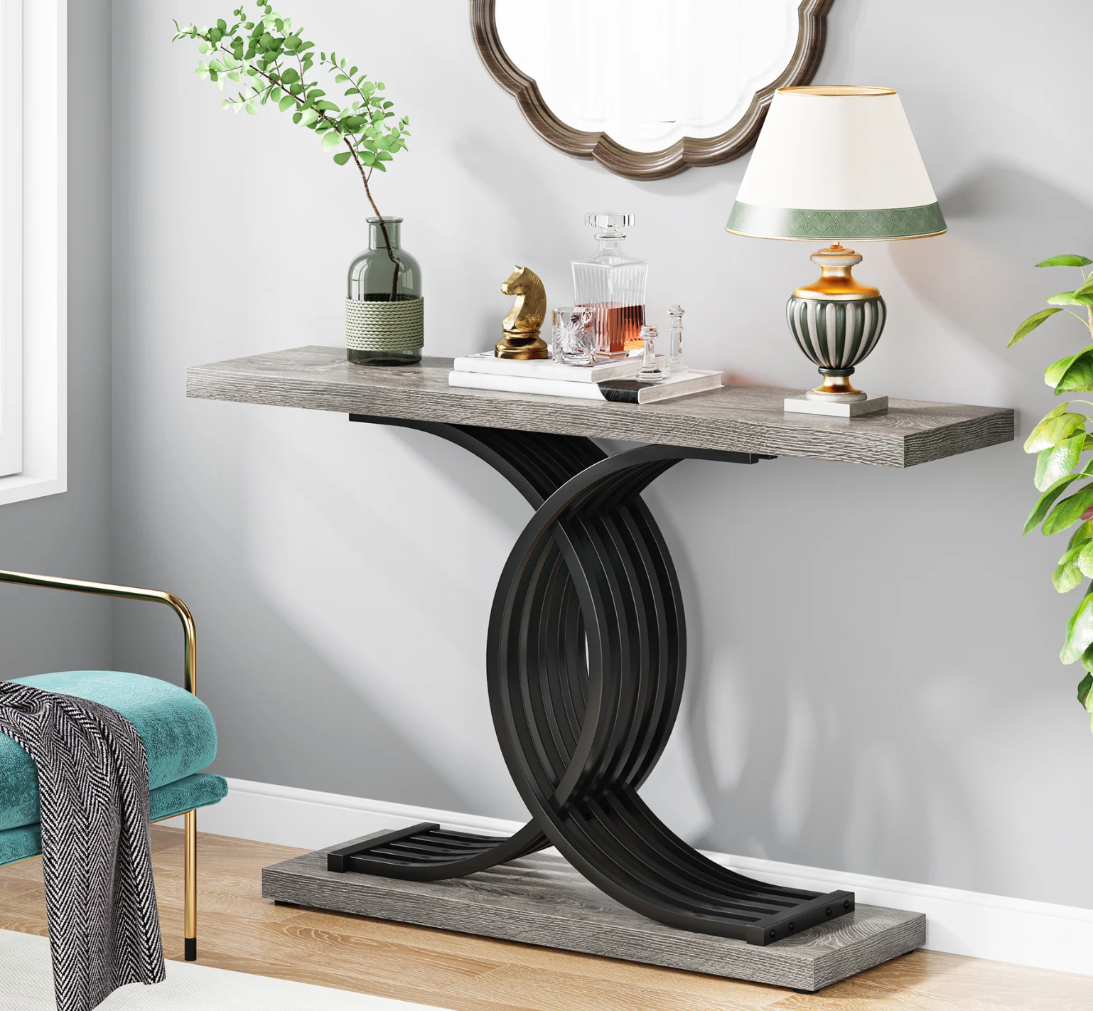 Gouden consoletafel met marmerlook blad en metalen frame