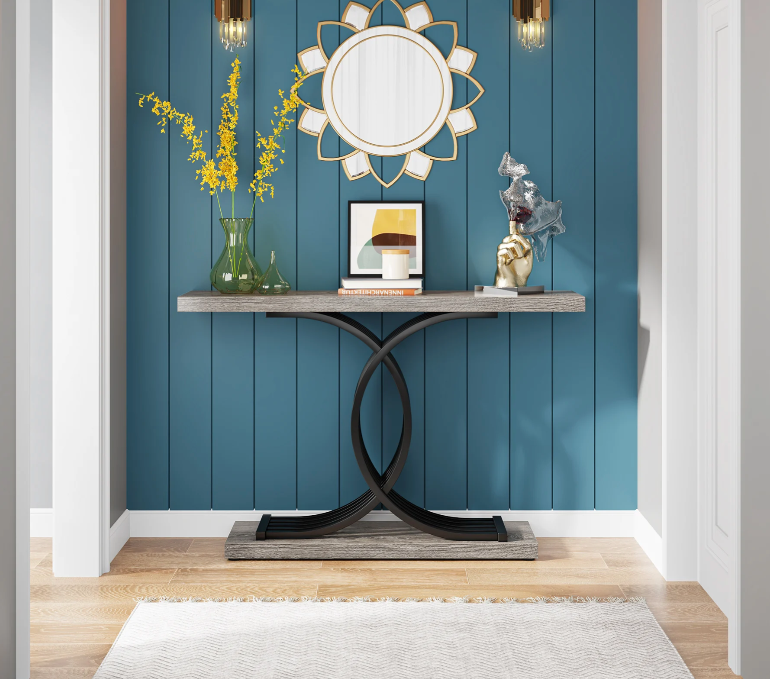 Gouden consoletafel met marmerlook blad en metalen frame