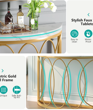 Halfronde Gouden Consoletafel – Marmerlook & Metaal, 110cm