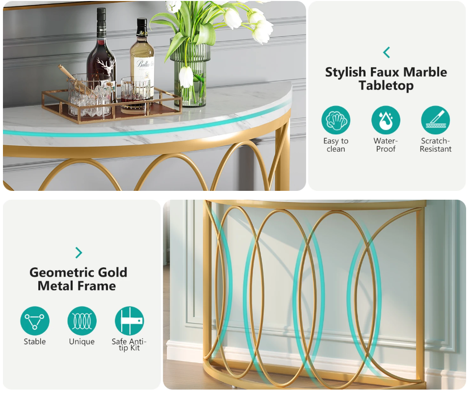 Halfronde Gouden Consoletafel – Marmerlook & Metaal, 110cm