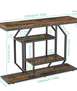Luxe Landelijke Consoletafel Vintage Hout en Zwart Metaal – 120cm – met 4 open opbergplanken