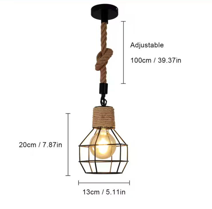 Vintage Hanglamp – Industriële 3-Lichts Plafondlamp met Henneptouw, Retro & Verstelbaar