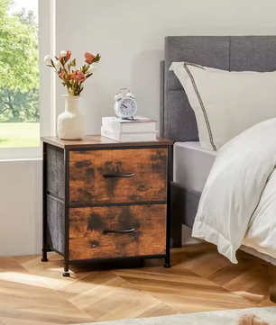 Set van 1 of 2 Compacte nachtkastjes met 2 stoffen lades en houten blad