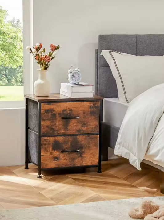 Set van 1 of 2 Compacte nachtkastjes met 2 stoffen lades en houten blad