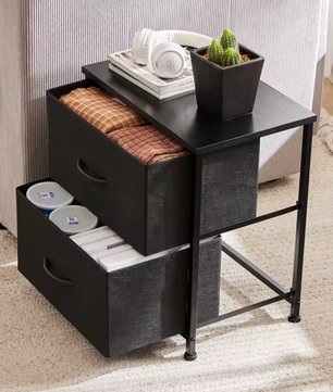 Set van 1 of 2 Compacte nachtkastjes met 2 stoffen lades en houten blad