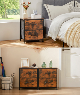 Set van 1 of 2 Compacte nachtkastjes met 2 stoffen lades en houten blad