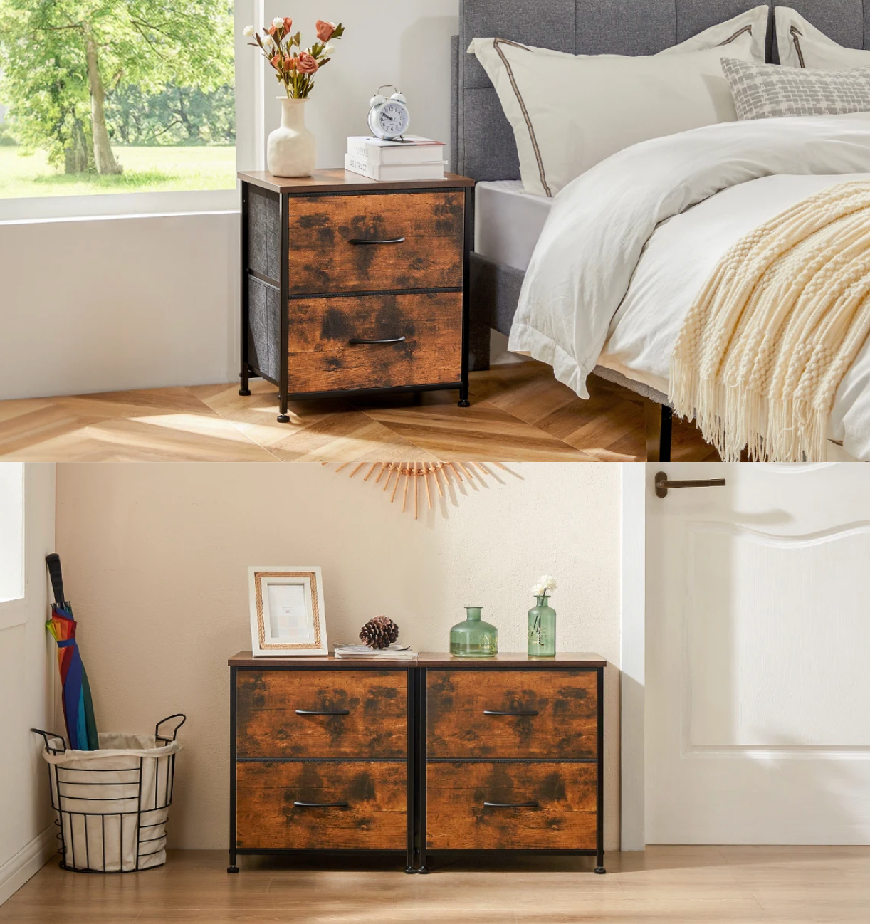 Set van 1 of 2 Compacte nachtkastjes met 2 stoffen lades en houten blad