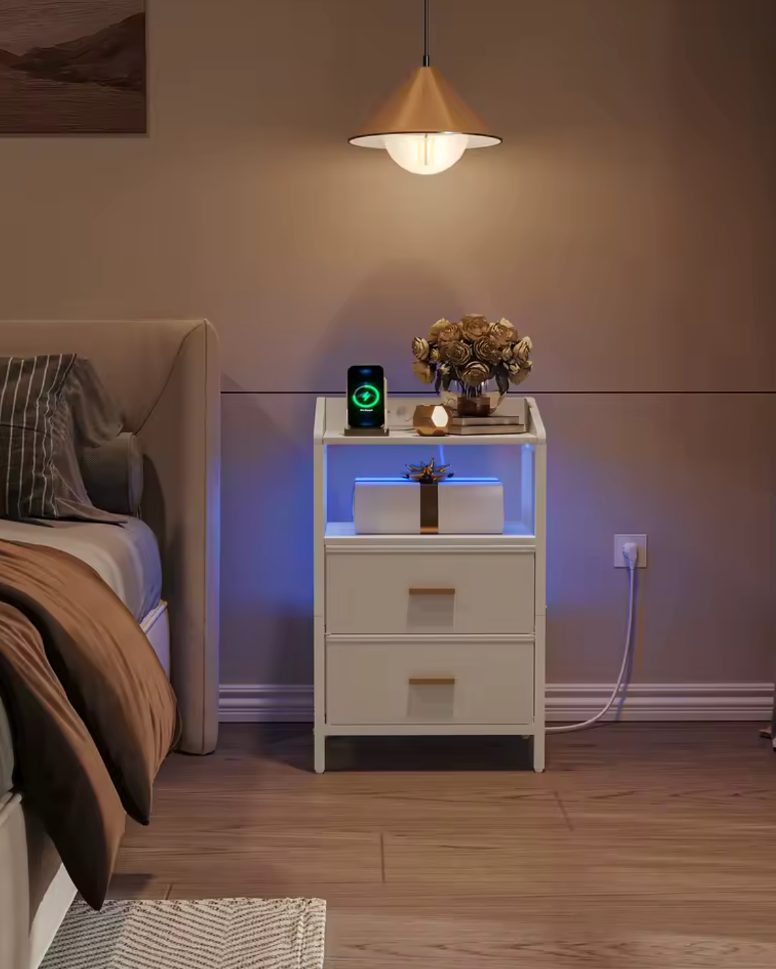 Set van 2 Nachtkastjes met LED lamp, lades en stekkers - Zwart of Wit