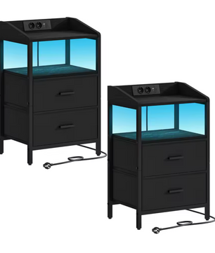Set van 2 Nachtkastjes met LED lamp, lades en stekkers - Zwart of Wit
