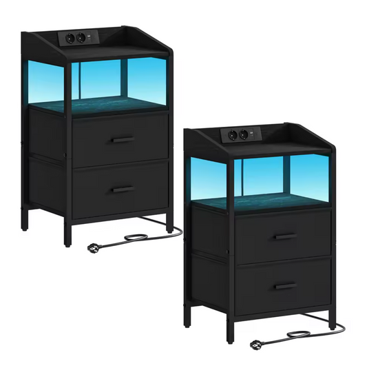 Set van 2 Nachtkastjes met LED lamp, lades en stekkers - Zwart of Wit