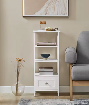 Witte Bijzettafel met Lade & Planken – 30x28x74cm