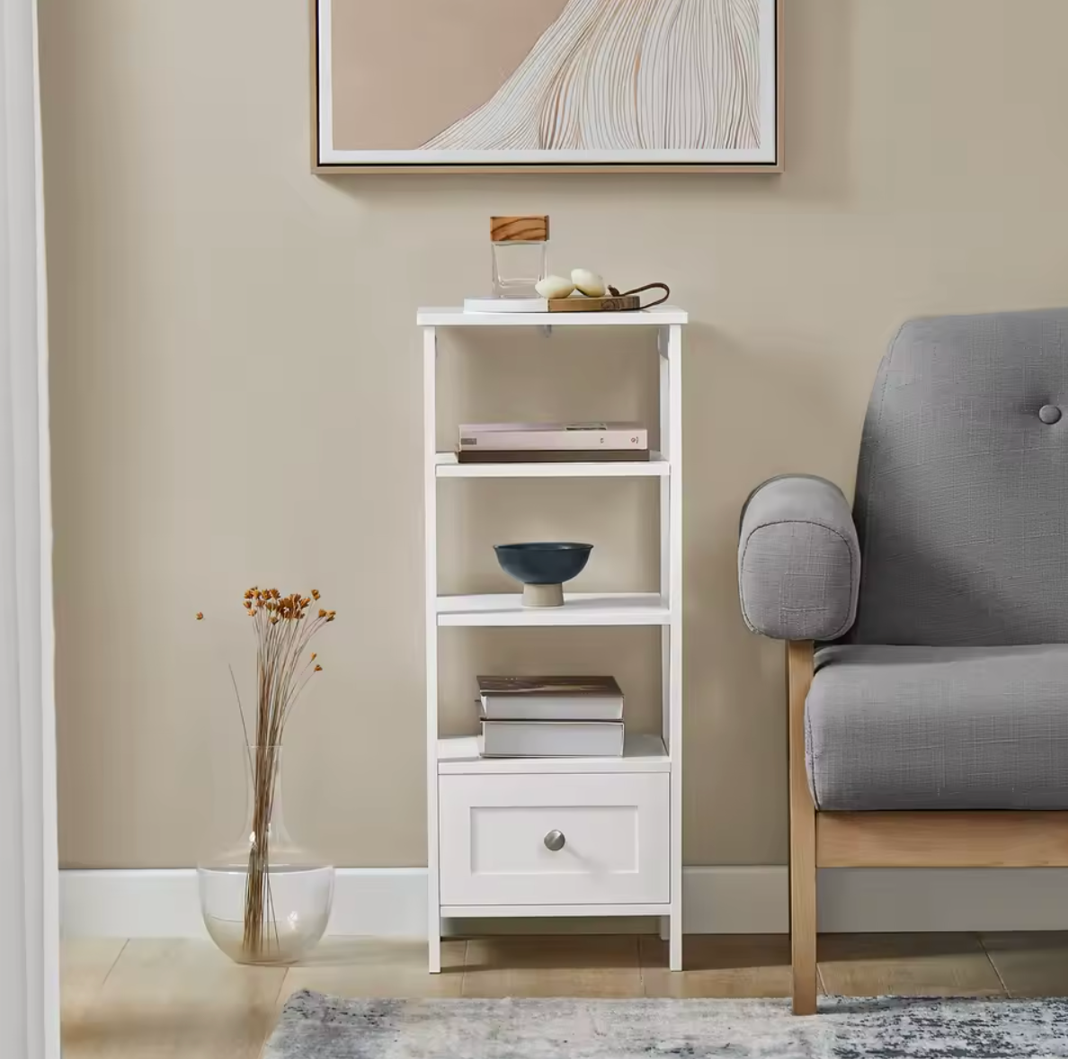 Witte Bijzettafel met Lade & Planken – 30x28x74cm