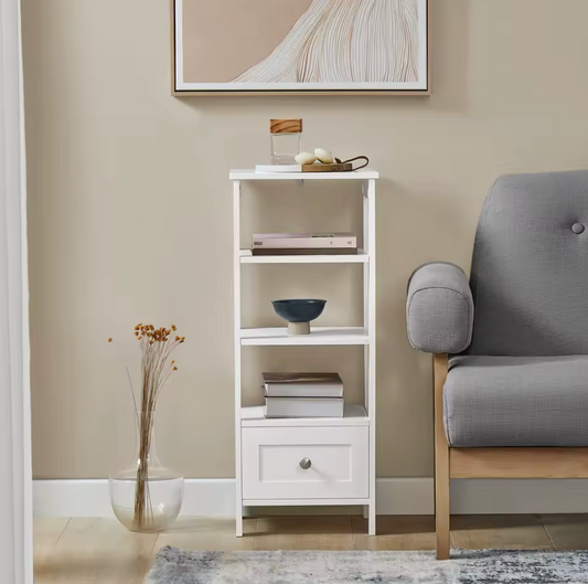 Witte Bijzettafel met Lade & Planken – 30x28x74cm