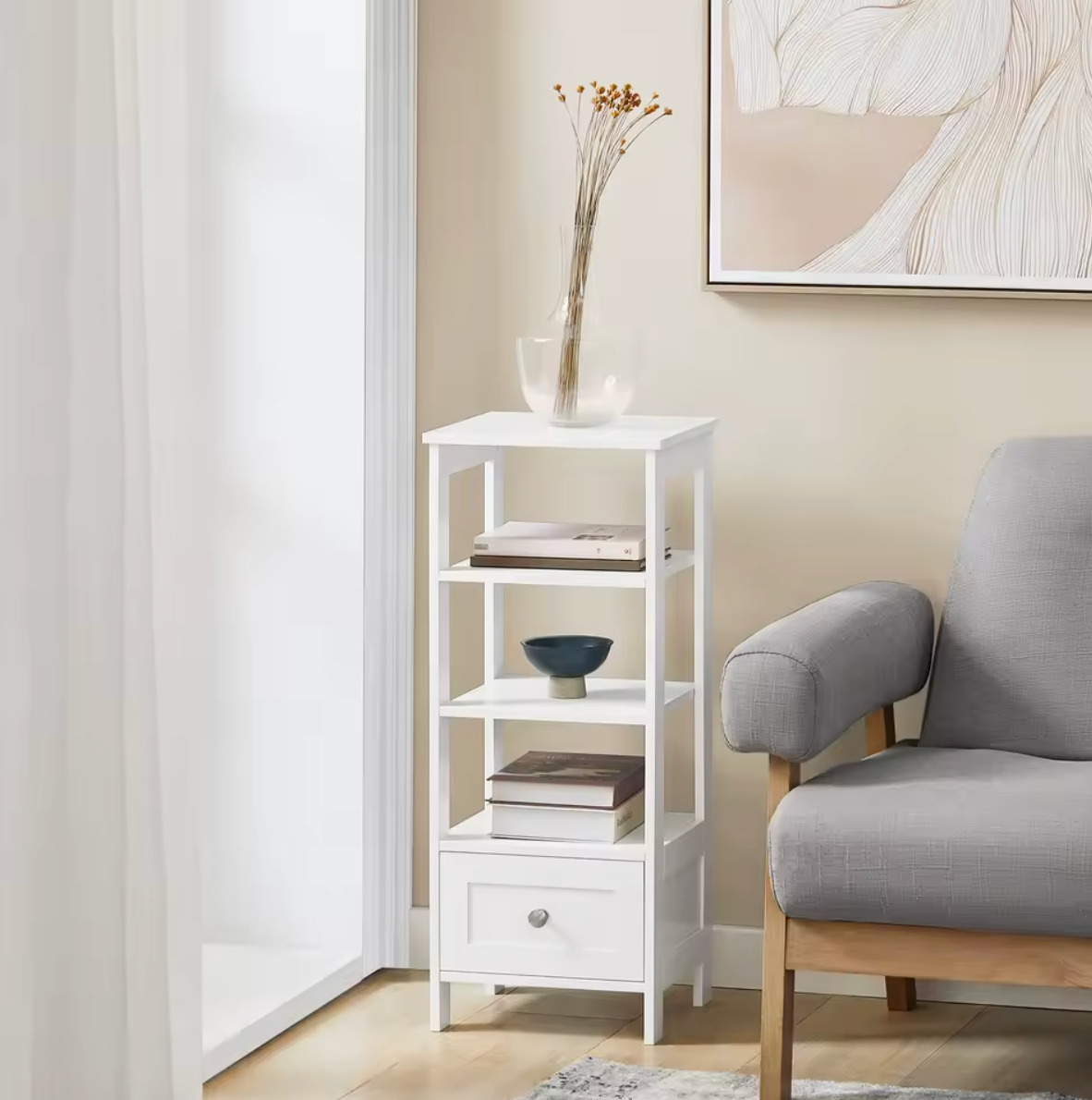 Witte Bijzettafel met Lade & Planken – 30x28x74cm