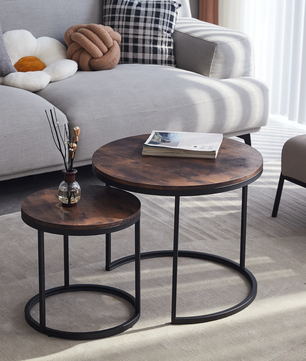 Set van 2 Scandinavische Salontafels – Ronde Tafels met Metaal & Hout, Stapelbaar en Modern
