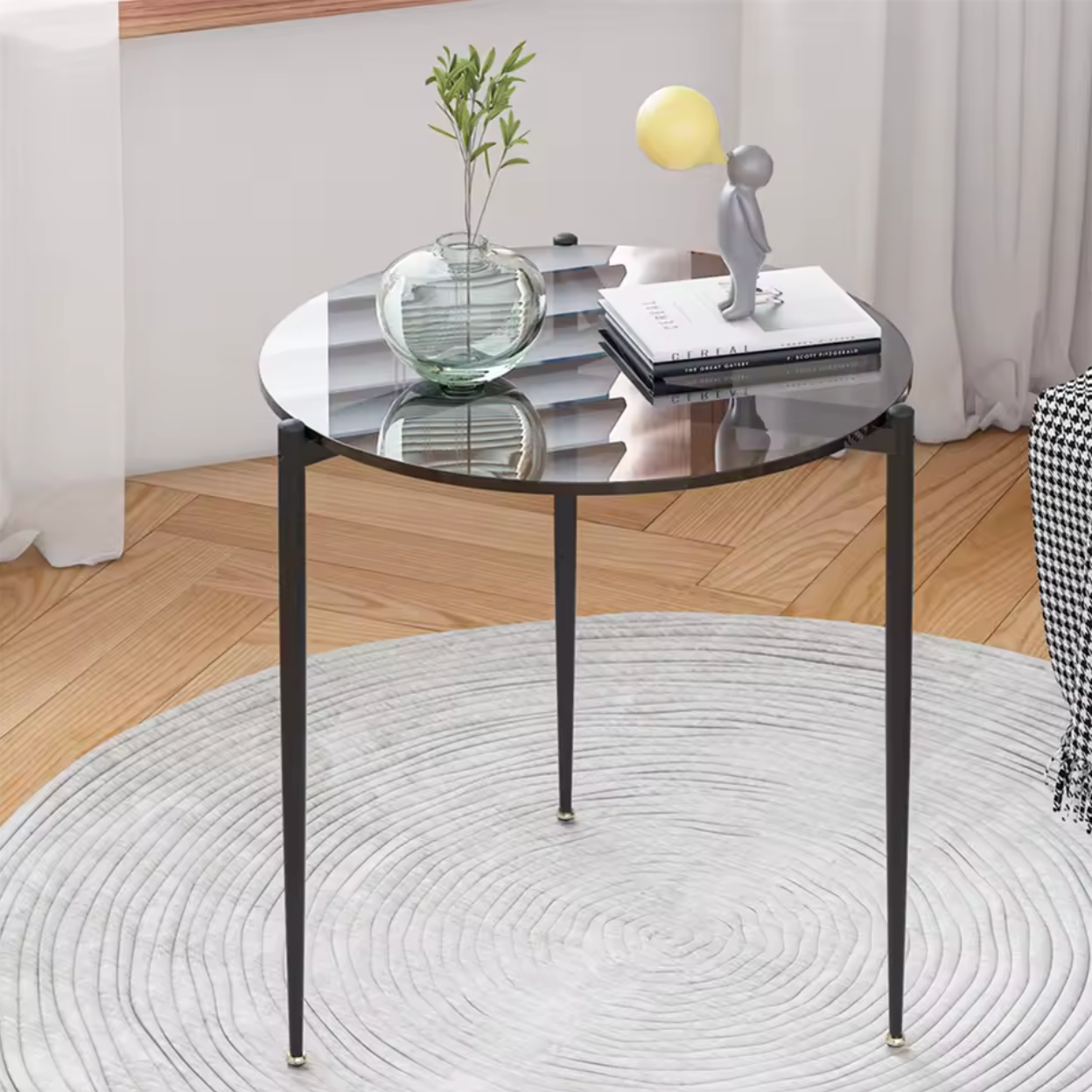 Ronde glazen bijzettafel – met metalen poten, Ø50 cm