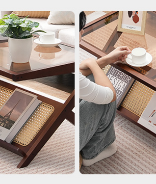 Z-vormige rotan salontafel met glazen blad – 50 en 120cm