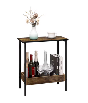 Compacte Bijzettafel / Salontafel met 2 Planken – Licht Eiken & Zwart Metaal