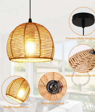 Vintage Rotan Kroonluchter – Retro Hanglamp met E27 Fitting