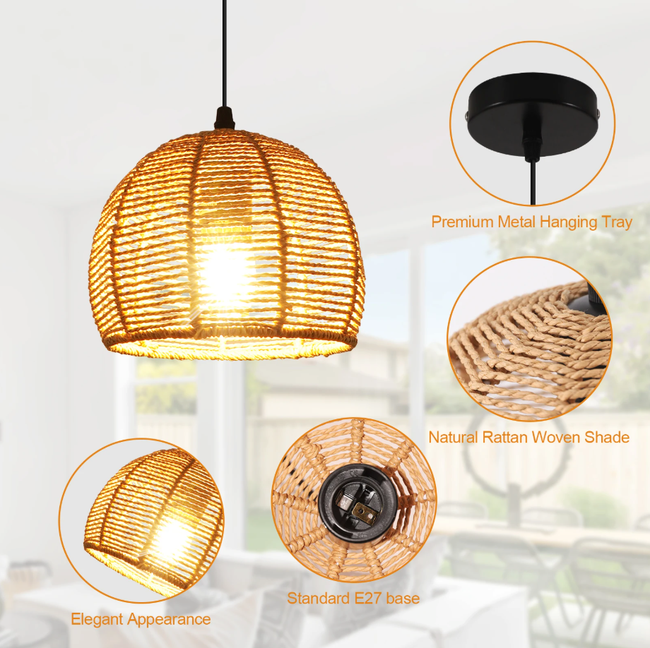 Vintage Rotan Kroonluchter – Retro Hanglamp met E27 Fitting