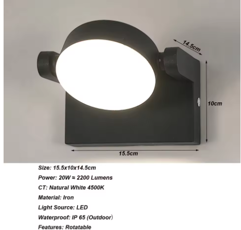 Moderne LED Wandlamp – 20W Binnen & Buiten, Draaibaar Paneel, Warm Wit Licht