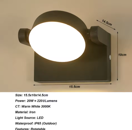 Moderne LED Wandlamp – 20W Binnen & Buiten, Draaibaar Paneel, Warm Wit Licht