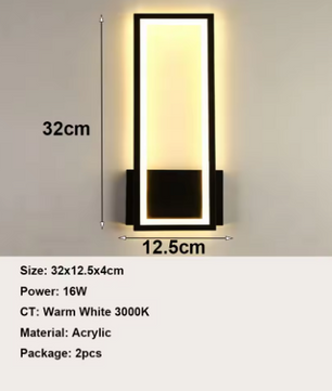 Moderne LED Wandlamp – 16W Acryl Design, Zwart, Warm Wit Licht 3000K