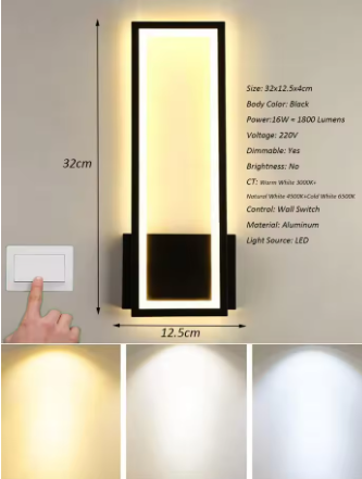 Moderne LED Wandlamp – 16W Acryl Design, Zwart, Warm Wit Licht 3000K