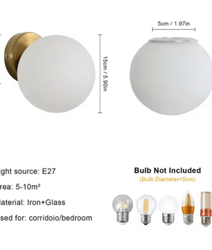 Moderne Wandlamp – E27 Bolvormig Design met Glazen Kap 15 cm