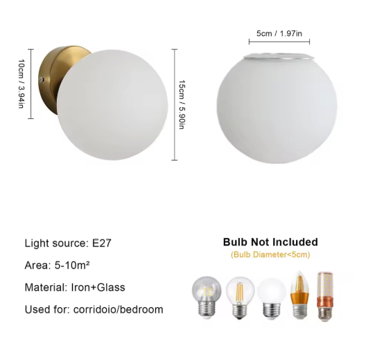 Moderne Wandlamp – E27 Bolvormig Design met Glazen Kap 15 cm