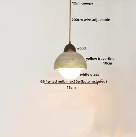 Japanse Travertijn Hanglamp – Moderne Wabi Sabi LED Hanglamp met Houten Accenten