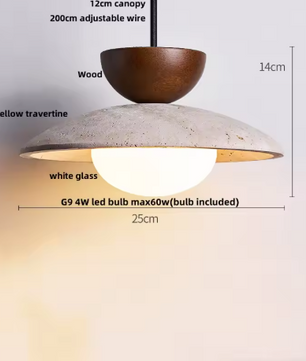 Japanse Travertijn Hanglamp – Moderne Wabi Sabi LED Hanglamp met Houten Accenten