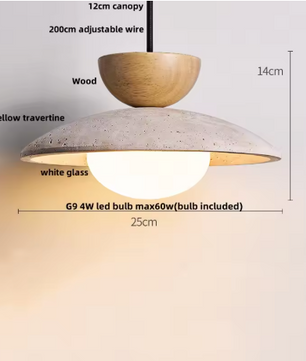 Japanse Travertijn Hanglamp – Moderne Wabi Sabi LED Hanglamp met Houten Accenten