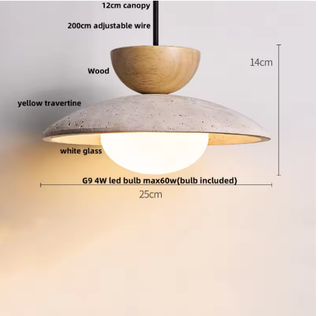 Japanse Travertijn Hanglamp – Moderne Wabi Sabi LED Hanglamp met Houten Accenten