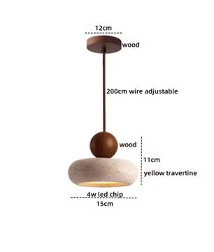 Travertijn Hanglamp – Moderne Grotsteen LED Plafondlamp met Houten Accenten