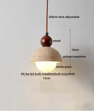 Travertijn Hanglamp – Moderne Grotsteen LED Plafondlamp met Houten Accenten