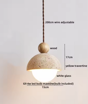 Travertijn Hanglamp – Moderne Grotsteen LED Plafondlamp met Houten Accenten