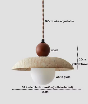 Travertijn Hanglamp – Moderne Grotsteen LED Plafondlamp met Houten Accenten