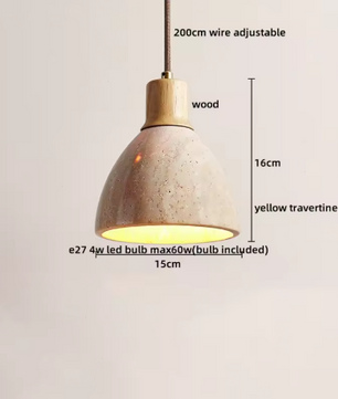 Travertijn Hanglamp – Moderne Grotsteen LED Plafondlamp met Houten Accenten