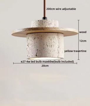 Travertijn Hanglamp – Moderne Grotsteen LED Plafondlamp met Houten Accenten