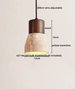 Travertijn Hanglamp – Moderne Grotsteen LED Plafondlamp met Houten Accenten