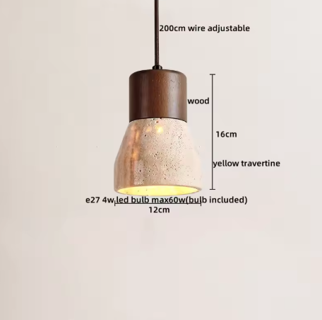 Travertijn Hanglamp – Moderne Grotsteen LED Plafondlamp met Houten Accenten