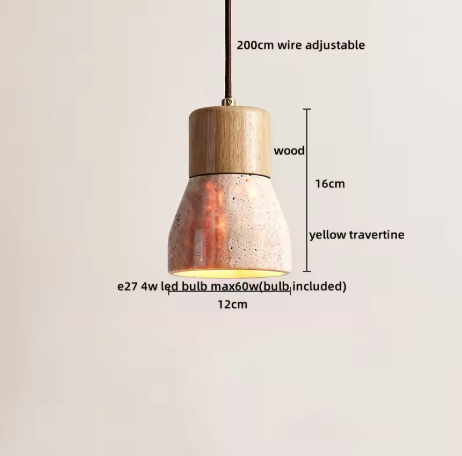 Travertijn Hanglamp – Moderne Grotsteen LED Plafondlamp met Houten Accenten