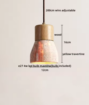 Travertijn Hanglamp – Moderne Grotsteen LED Plafondlamp met Houten Accenten